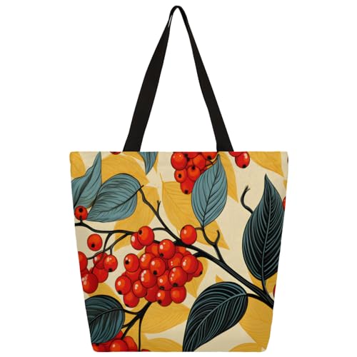Mularoka Berry Leaves Watercolour Large Capacity Canvas Tote Bag Stylish Handheld Shoulder Bag Reusable Shopping Bag for Work Travel Beach Trips Shopping