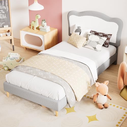 GarveeHome Full Size Bed Frame for Kids, Bed frames with two-tone scalloped headboard, Velvet Twin Bed for Girls, Boys, No Box Spring Needed, Wooden Slats, Noise Free, Sturdy Platform Bed (Grey White)