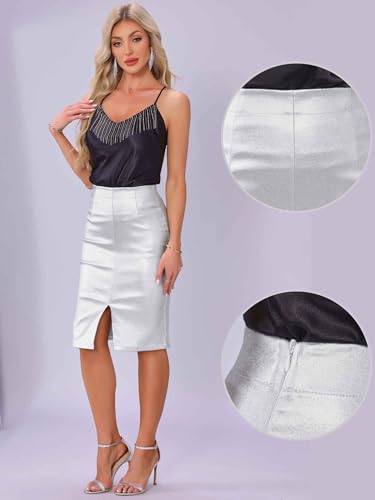 Allegra K Metallic Skirt for Women's Shiny Holographic High Waist Midi Bodycon Pencil Skirt2