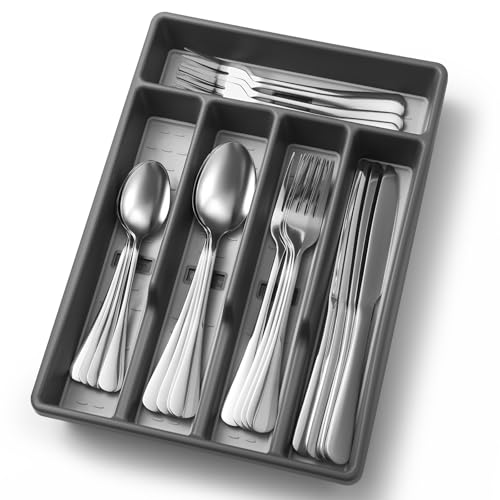 20-Piece Silverware Set with Organizerï¼ŒHeavy Duty Stainless Steel Flatware Cutlery Tableware Set for 4ï¼ŒIncludes 5-Compartment Silverware Tray with Cutlery Iconsï¼ŒFirst Apartment Kitchen Essentials