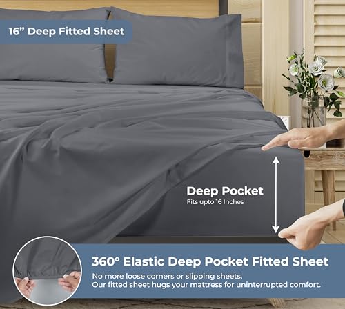 Image of ROYALE LINENS 100% Organic Cotton Queen Sheet Set - Percale Weave - 4 Pieces Set - 1 Flat, 1 Deep Pocket Fitted Sheet and 2 Pillowcases - Grey Bed Sheets - Sabanas Queen - Crisp Cool (Grey)