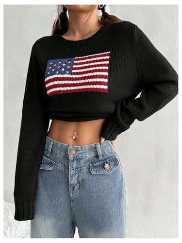 Image of SweatyRocks Women's Flag Pattern Long Sleeve Round Neck Sweater Casual Loose Pullover Sweater
