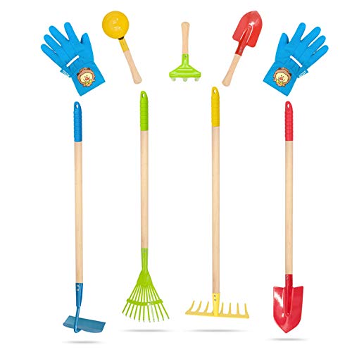 Hortem Kids Gardening Set Include 4PCS Long Child Rake Colorful, Shovel, Hoe and Small Wooden Garden Hand Tools, Outdoor Toys for Boys and Girls