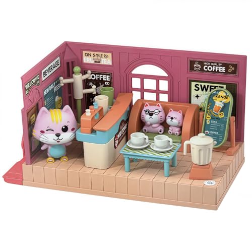 kvlidvo Koko's Cat Town DIY Miniature House Kit,Tiny House Cafes Building Kit,Dollhouse for 3 and up, Dollhouse Building Kit with Cats,Cat Toys Gift for Teens Kids Ages 3+