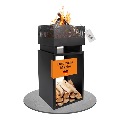 Lemodo Feuerkorb mit Holzlager – Feuerstelle aus robustem Stahl, modernes Design, ideal für Garten und Terrasse, Feuerschale mit integriertem Holzlager, Outdoor Feuerstelle für gemütliche Abende
