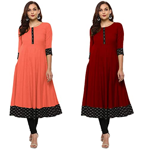 Image of NATEK Cotton Anarkali Printed Border Kurtis for Women Combo Pack of 2