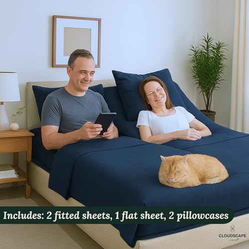 100% Egyptian Cotton Split King Sheet Set for Adjustable Bed, 5 Pcs Dorm Bedding Set, 1000 Thread Count, Silky Soft, Breathable and Durable, Deep Pockets up to 17, Dark Denim