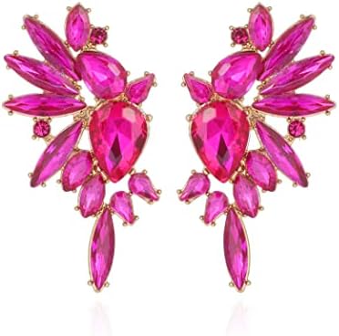 VANGETIMI Hot Pink Vintage Rhinestone Statement Earrings Fashion Bling Colorful Crystal Cluster Drop Dangle Earrings for Women Party Prom