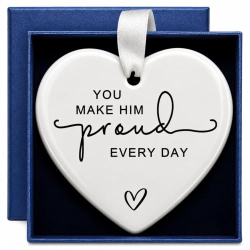 Image of Memorial Gift for Loss of a Loved One, You Make Him Proud Every Day Ceramic Heart Ornament, Sympathy Bereavement Keepsake for Funeral, Remembrance Table, Christmas Tree, Family and Friends