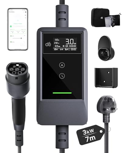 dé EV Charger 3 Pin Plug 7m with App 3kW Electric Car Charger Type 2