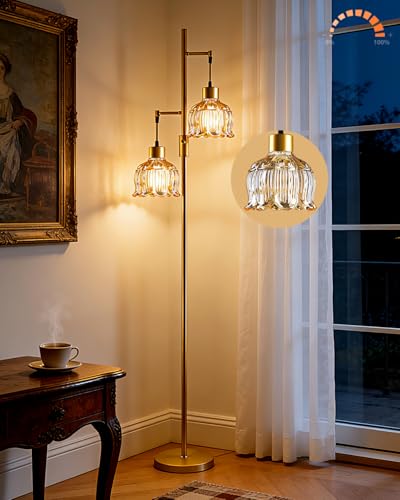 Image of 2-Light Modern Glass Floor Lamp, Gold Standing Tall Lamp with Amber Flower Glass Shade for Reading, Dimmable LED Floor Lamp with 5Lbs Heavy Base for Living Room Bedroom Home Decor, Bulb Included
