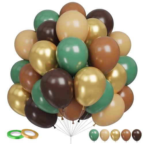 Image of Funhot Green and Brown Balloons Set, 60PCS Sage Green Brown Gold Balloon, 12Inch Jungle Safari Party Balloons Nude Metallic Gold Latex Balloons for Baby Shower Camo Woodland Birthday Party Decoration
