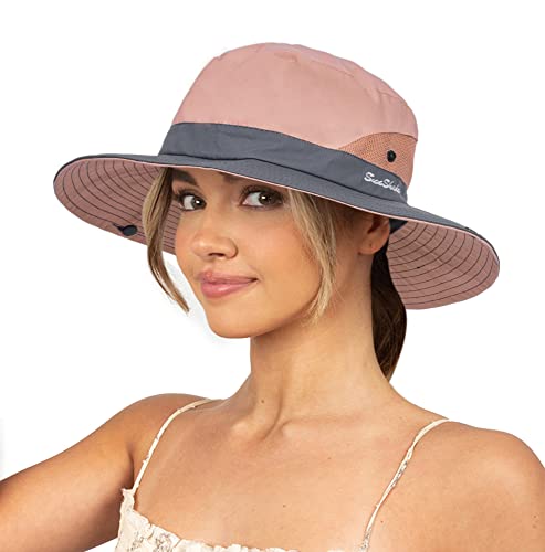 Utowo Sun Hat For Women Summer Uv Protection Beach Hat Wide Brim Mesh Bucket Fishing Hat With Ponytail Hole Foldable Packable Hat Pink cover