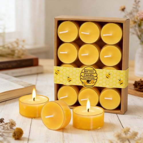 12 pcs Beeswax Candles Set, Smokeless Beeswax Candle, Handmade Non Toxic Candles, Linen Cotton Wick. Long-Burning Beeswax tealight Candles for Air-Purifying, Rustic Table Decor & Holiday Events