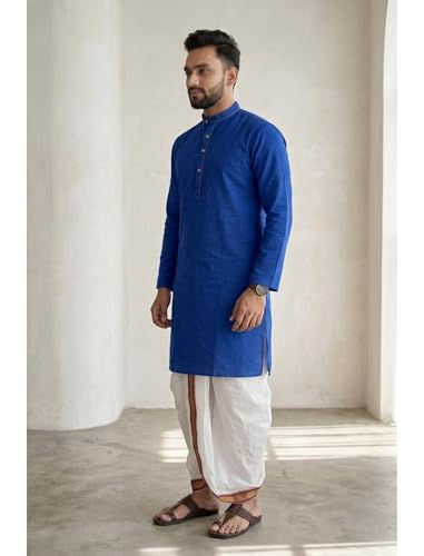 Image of UNIQUE MOMENTS Men's Cotton Dhoti Kurta Set with Full Sleeves Solid Pattern Modern Style and Mandarin Collar Neck | Perfect for Puja & Celebrations