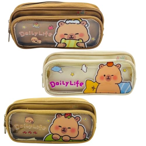 Image of Daily Life Cartoon Bear Pencil Pouch 3 Combo Set, Transparent Window Double Zipper Pen Case, Large Capacity Canvas Organizer for School, Kids, Teens & Office