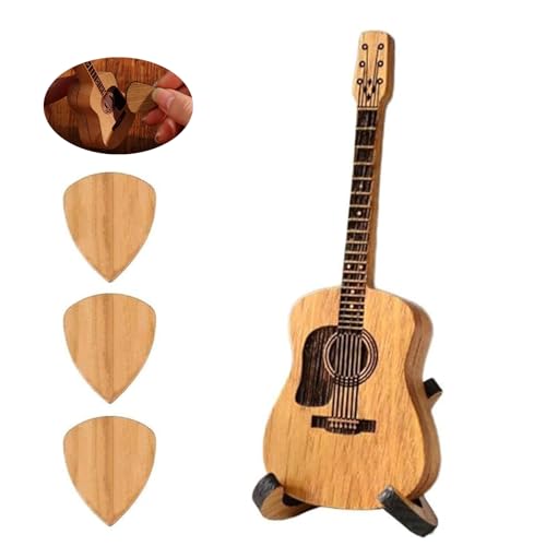 XIBHDN 木製アコースティックギターピックボックス スタンド付き 木製ギターピックホルダー エレキベースギター用彫刻木製ギターピック3個付き (1セット)