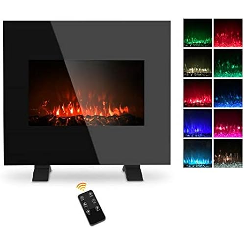 Electric Fireplace Wall Mounted Heater, 1500W Freestanding Fireplace Heater with 10 Colorful Flame Brightness Adjustment, 3D Realistic Flame Effect, Full Screen Glass & Remote Control, 26 Inch