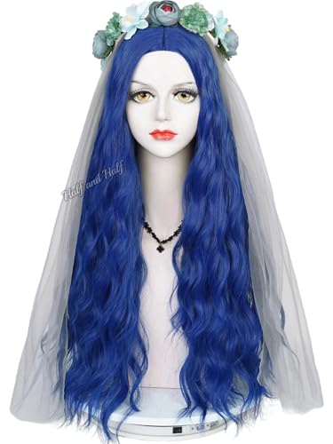 Half and Half Long Blue Bride Curly Corpse Wig 27.5 Long Dark Blue Wave Wig with Veil + Flower Crown + Wig Cap for Women Halloween Party Cotsumes