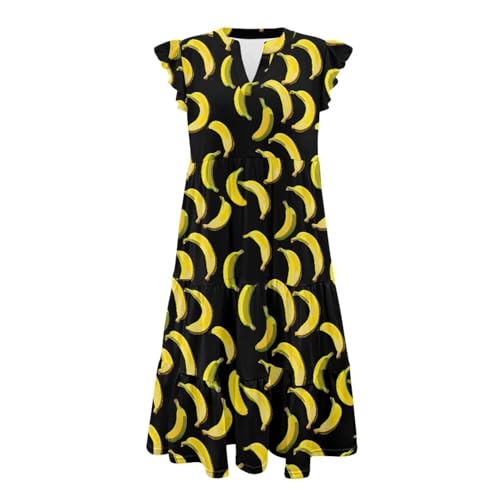 Image of Women's Casual Ruffle Sleeve Dress V Neck Pullover Dress Flowy A-Line Pleated Lightweight Dress with Pockets