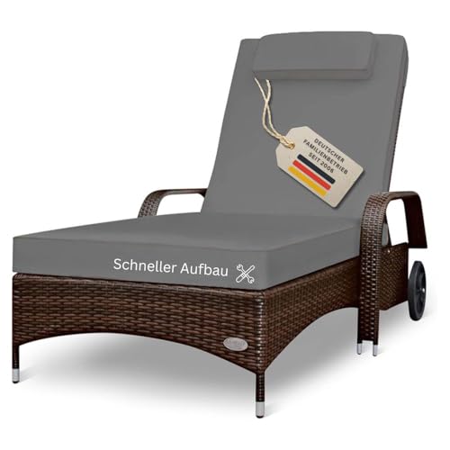 RS Trade Sonnenliege Gartenliege Wetterfest Rattan – XXL Relaxliege extra breit mit Rollen & Armlehnen, Verstellbar, bis 200kg, Outdoor Liege für Garten, Terrasse & Balkon, braun mit Grauer Auflage