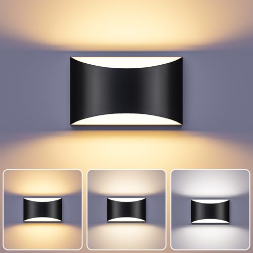 Image of Black Modern LED Wall Sconce, 3 Colors Hardwired Indoor Wall Lights | 3000K /4000K /6000K, 10W Up and Down Wall Mount Light with Memory Function, Wall Lamp for Bedroom Living Room Hallway Corridor