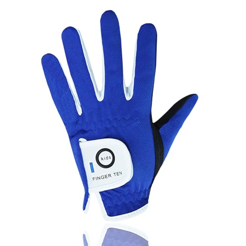 FINGER TEN Golfhandschuhe Kinder Jugend Junior Mädchen für Linke Hand, Junge Golf Handschuhe Atmungsaktive Mikrofaser Synthetische Rechtshänder für Alter 4-13 Jahre (blau, L)