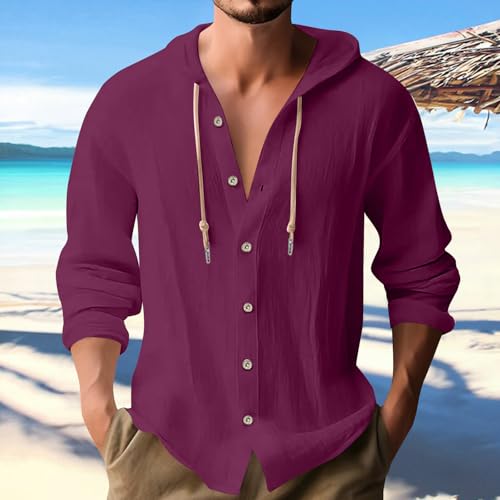 Linen Shirt Men 2025 Casual Hoodie Long Sleeve Button Down Tops Lightweight Beach Vacation Travel Hawaiian Shirts2