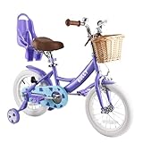 RULLY Grape Kinderfahrrad 14 Zoll für Mädchen von 3-5 Jahren, mit Stützrädern, Mädchenfahrrad mit Korb und Puppensitz, Lila