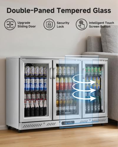 Image of BODEGA 53 inch W Back Bar Cooler Stainless Steel Counter Height Beverage Fridge, 11.4 Cu.Ft Commercial Beer Fridge, 3 Glass Door Display Drink Cooler with LED Light for Bar Pub Night Club