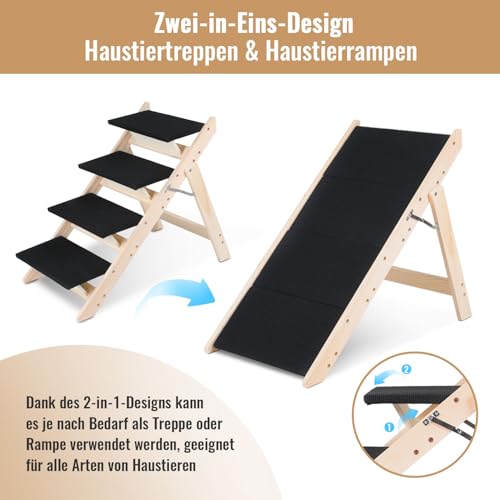 Vigevee Hundetreppe 2 in 1 Hunderampe, Klappbare Haustiertreppe 65,5cm Hoch, 4-Stufig Faltbare Katzentreppe, Maximale Belastung 80kg, Tiertreppe mit Rutschfester Trittmatte für Hunde und Katzen