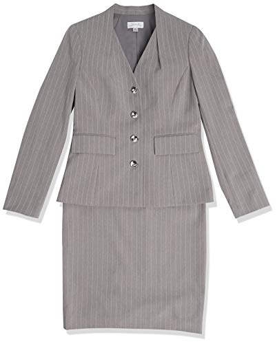 Tahari ASL Women's Collarless 4 Button Striped Jacket and Skirt Set, Heather Grey Pink