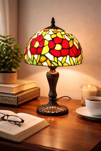 Image of Stained Glass Table Lamp, Red Green Floral with Antique Bronze Base, Decorative Bedside & Living Room Lamp (Free Bulb) (Design - 6) Free Bulb- 3 Color Options- Warm White, Cool White and Natural
