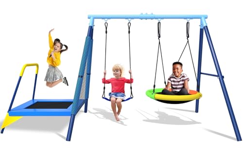 JYGOPLA 440lbs Kids Swing Set, 3-in-1 Outdoor Playground with Saucer Swing, Belt Seat & 4ft Trampoline, Heavy Duty A-Frame Metal Stand & Safety Stakes, Backyard Playset for Toddlers 3-8 Years Old
