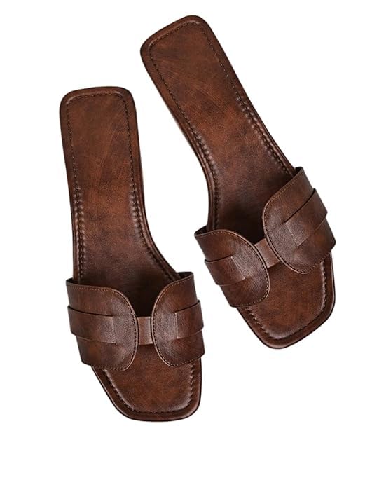 Image of Women's Brown Flat Slide Sandals with Woven Strap Detail RC3-WODEN