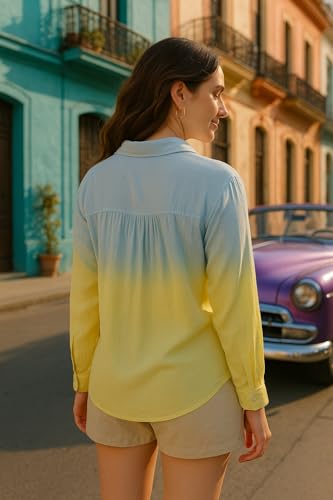 Image of Maaesa Women Handmade Ombre Tie & Dye Rayon Shirt | Relaxed Fit | Lightweight Breathable | Long Sleeve Button-Down | Classic Collar | Casual & Office Wear