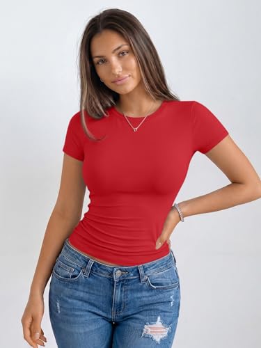 Image of Trendy Queen Womens Basic T Shirts - Stretchy Soft Slim Fit Short Sleeve Y2k Cute Summer Crop Workout Tops