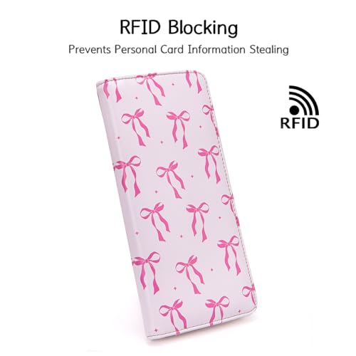 Image of Ultra Slim Thin Leather Women Wallet Rfid Blocking Credit Card Holder Bifold Clutch (Pink Bow)