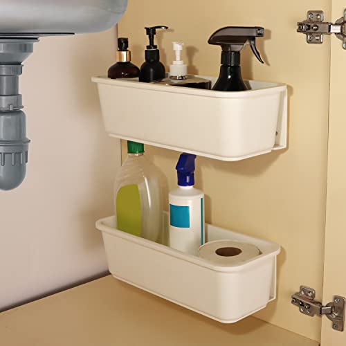 BELLE VOUS 2 Pack of Undersink Pull-Out Basket Organisers - White Sliding Plastic Storage Drawers for Cabinets & Cupboards - Under Sink Organisers Ideal for Home Kitchen, Bathroom and Pantry