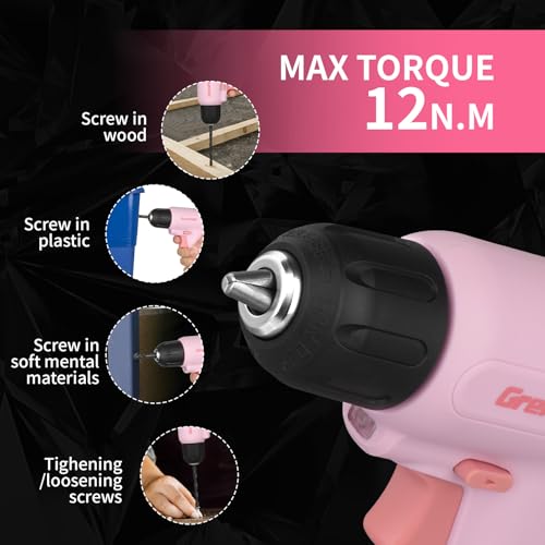 Image of GRENPRO Cordless Drill, 7.2V Power Drill Set with 23pcs Acessories, 3 /8 inch Keyless Chuck, Built-in LED, Type-C Charge Cable, Cleaning Brush Head, Pink Electric Screwdriver for Women