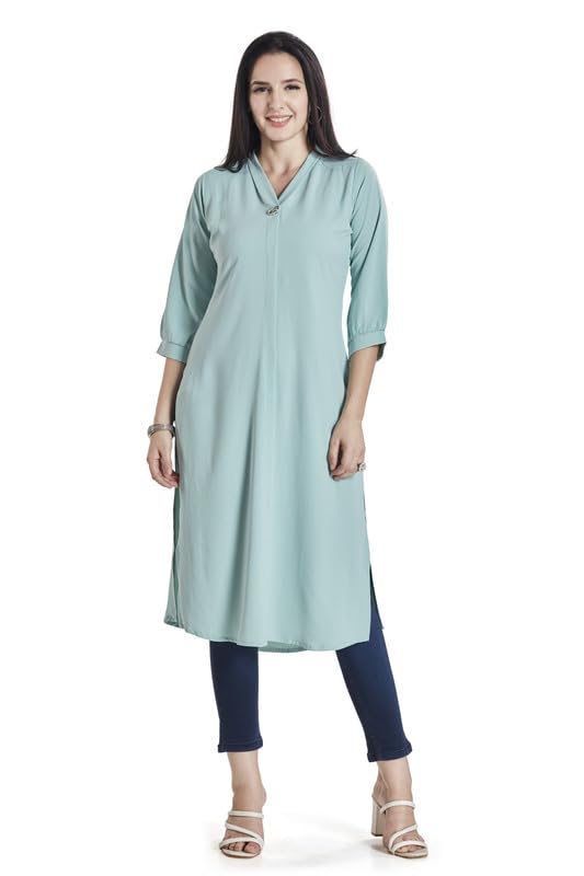 Image of nioni Women's Straight Solid Kurti with V-Fold Neck | Rayon Lycra Material | Fashionable Micro Pleates | 3 /4th Sleeve Kurta for Woman & Girls (S to 2XL)