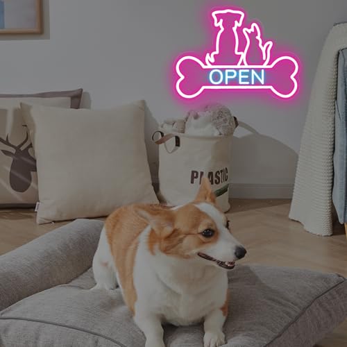 Image of Pet Shop Open Neon Sign Cute Dog And Cat Open LED Light | Bright Pet Grooming Salon Light Animal Shelter Storefront Decor Vet Clinic Window Decor, Pink+Ice Blue, 16.5 inchx12.4 inch