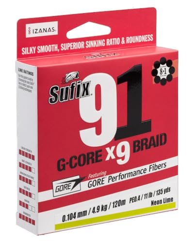 Sufix Tresse 9 Brins 91 G-Core - 150m - D.0.12mm - R.7.2Kg - Lo Vis Green - S91148GR150 - ASU640788