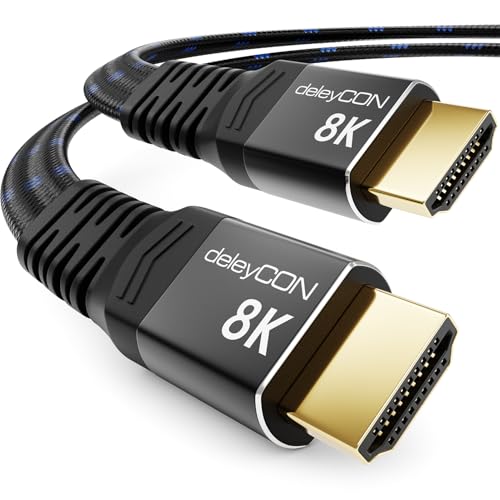 deleyCON 5m Câble HDMI 2.1 8K Plat - pour TV, Moniteur, PS4, PS5, Xbox, Barre de son Dolby Atmos EARC, HDR10+ VRR - 48Gbps Câble Ultra High Speed - 10K/8K@60Hz, 4K@120Hz/144Hz, 2K@240Hz