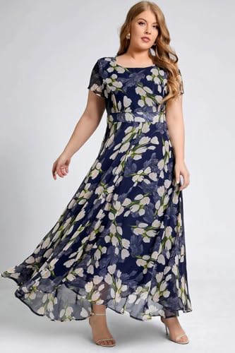 Image of Shasmi Women's Navy Blue Georgette Digital Floral Printed Floral Printing Short Sleeve A-Line Maxi Gown Dress for Women (Gown Dress 248)