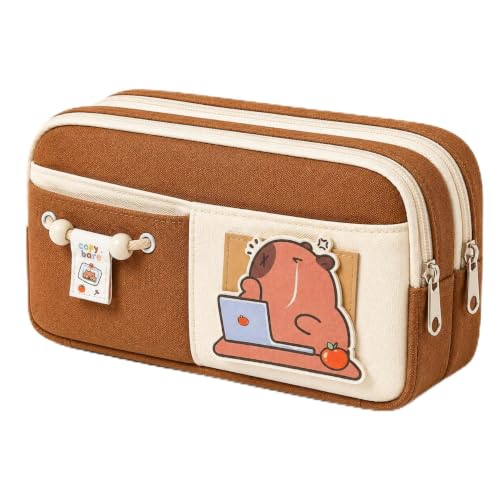 Image of FINEMOE Kawaii Pencil Pouch for Girls & Boys, Cute Brown School Pencil Case, 10 Layer Large Capacity Stationery Organizer with Zipper, Aesthetic Storage Bag for Kids, Return Gifts (Brown)