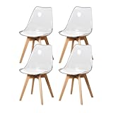 4 Chaises Tulipes Salle à Manger Scandinaves BM Home Salle de Bureau, Pieds Bois de Hêtre Massif, Transparente, Assise Blanche