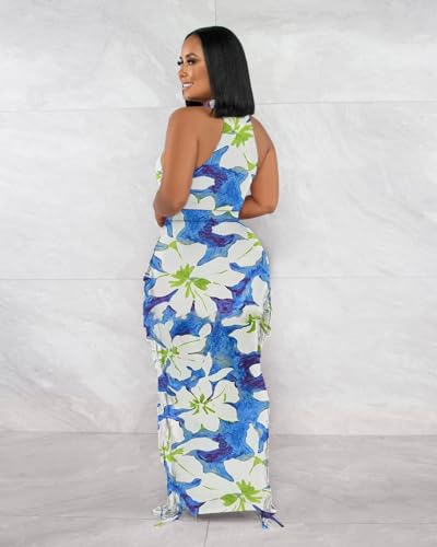 Image of 2 Piece Outfits for Women Sexy Halter Neck Sleeveless Crop Tops Ruched Bodycon Dresses Jumpsuits Fringe Skirt Sets