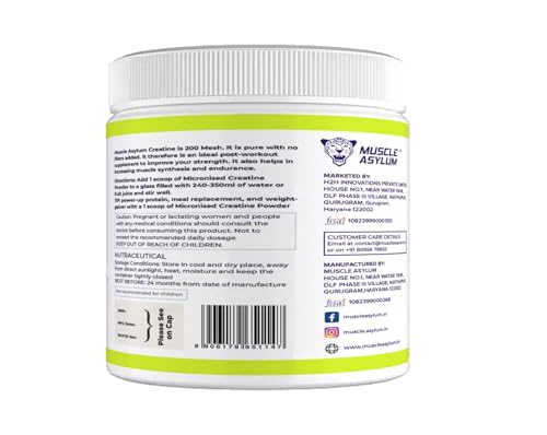 Image of Muscle Asylum Creatine Monohydrate Orange Flavour | 3000mg Creatine Per Serving | Pre Workout Supplement for Strength, Energy, Endurance & Muscle Recovery | Micronized Creatine Powder | 62 Servings | 250g