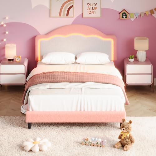 Image of GarveeHome Bed Frame with LED Headboard for Kids, Sherpa Upholstered Platform Bed Frame with Wood Slat Support, No Box Spring Required, Easy to Assemble (Pink, Twin)
